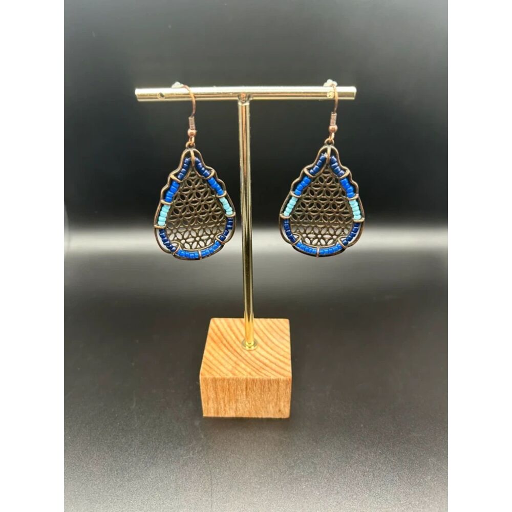 Boho Blue Beaded Filigree Teardrop Chandelier Drop Hook Earrings